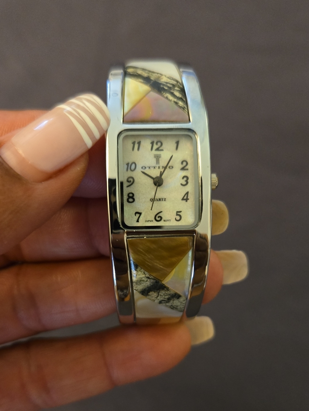 Silver Tone Bangle Watch with Mother-of-Pearl Inlay - Taupe/Gold